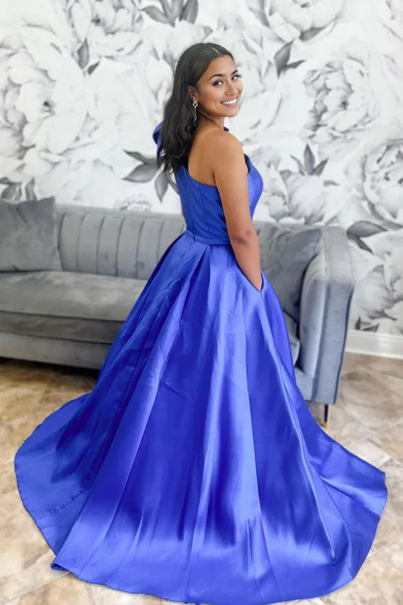 Sweep/Brush Train Evening Dresses One Shoulder Bow Tie Satin Prom Dress with Pockets