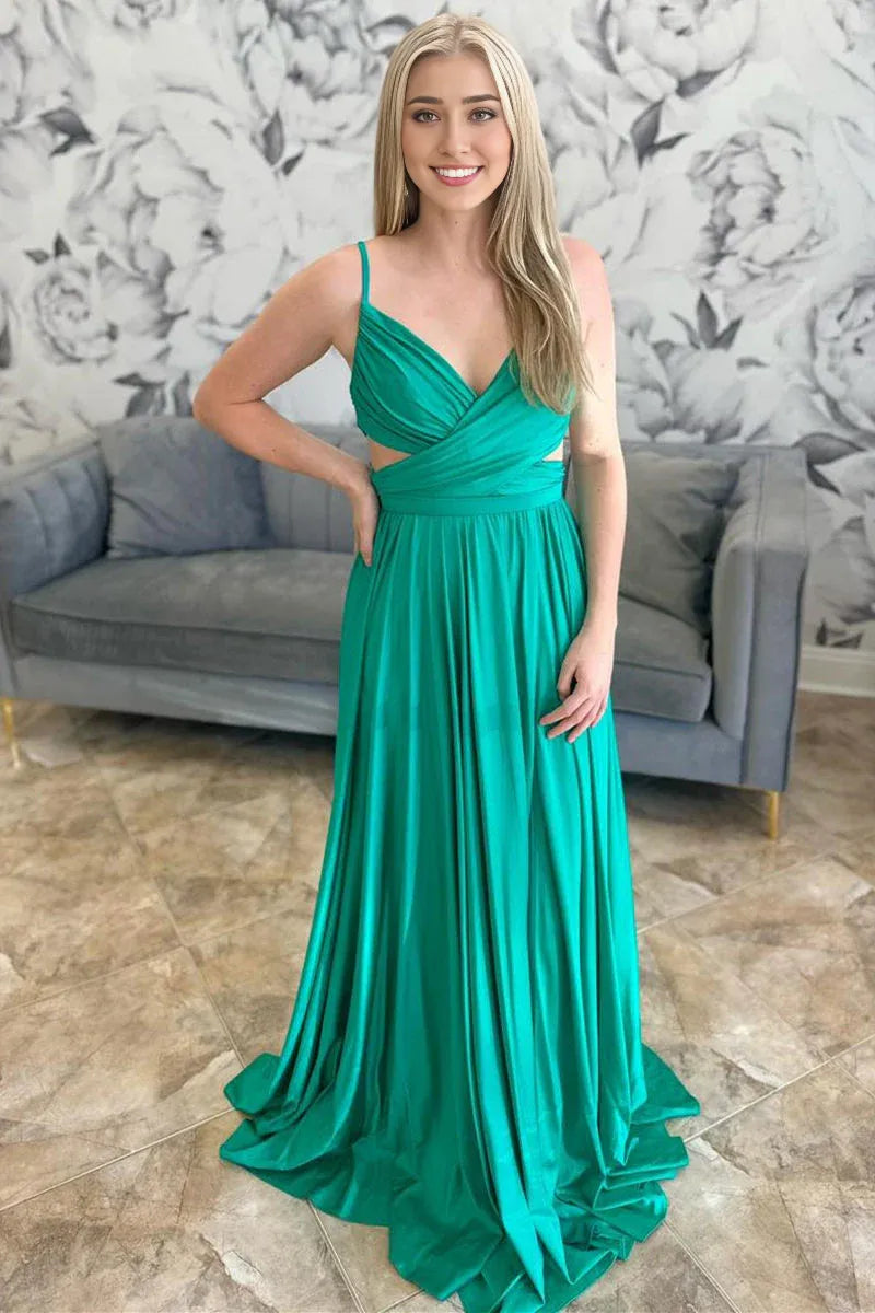 A-Line Brush Train Evening Dresses Spaghetti Straps V Neck Emerald Green Pleated Formal Dress