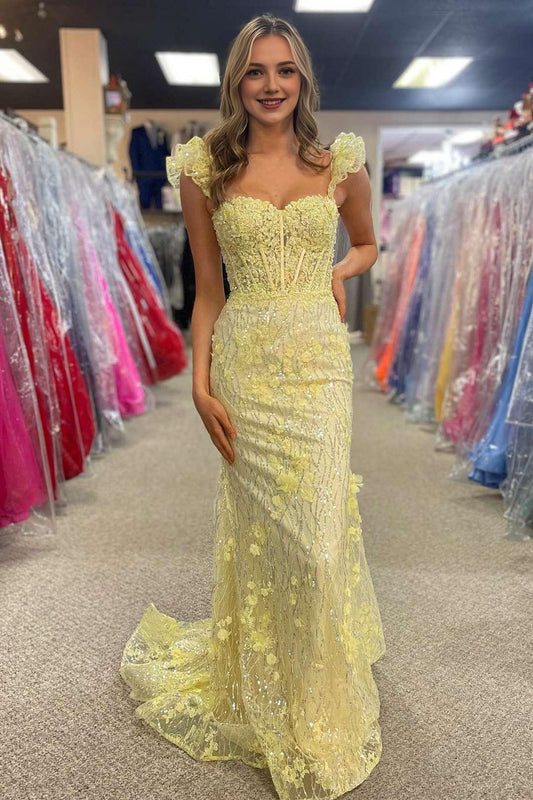 Sheath Mermaid Yellow Brush Train Evening Dresses Ruffle Straps 3D Flower Long Prom Dress