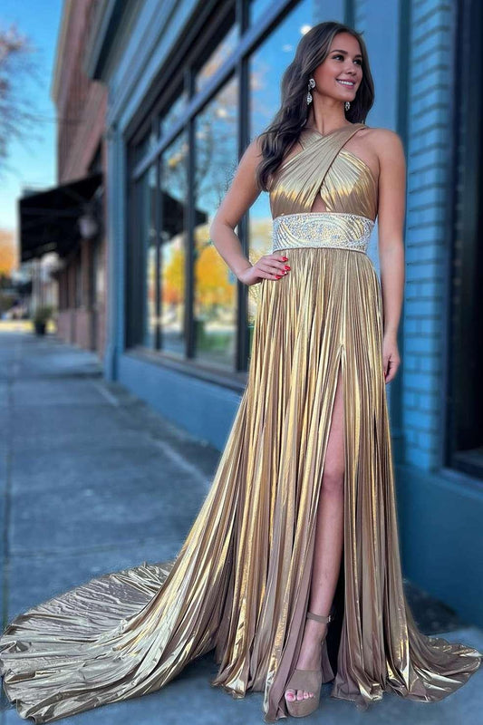 Sweep/Brush Train Evening Dresses Pleated Criss Cross Straps Metallic Long Prom Dress With Slit