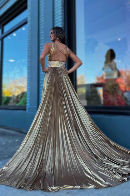 Sweep/Brush Train Evening Dresses Pleated Criss Cross Straps Metallic Long Prom Dress With Slit
