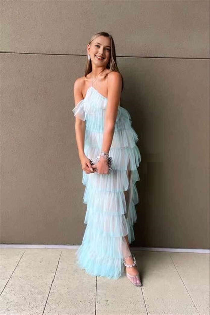 Floor Length Halter Straps Blue Layered Maxi Dress with Slit
