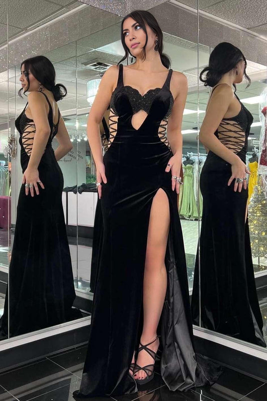 Sheath  Mermaid Black  Sweep/Brush Train Evening Dresses Velvet Prom Dress with Slit