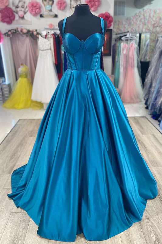 A-Line Sweep/Brush Train Evening Dresses Sweetheart Blue Satin Prom Dress