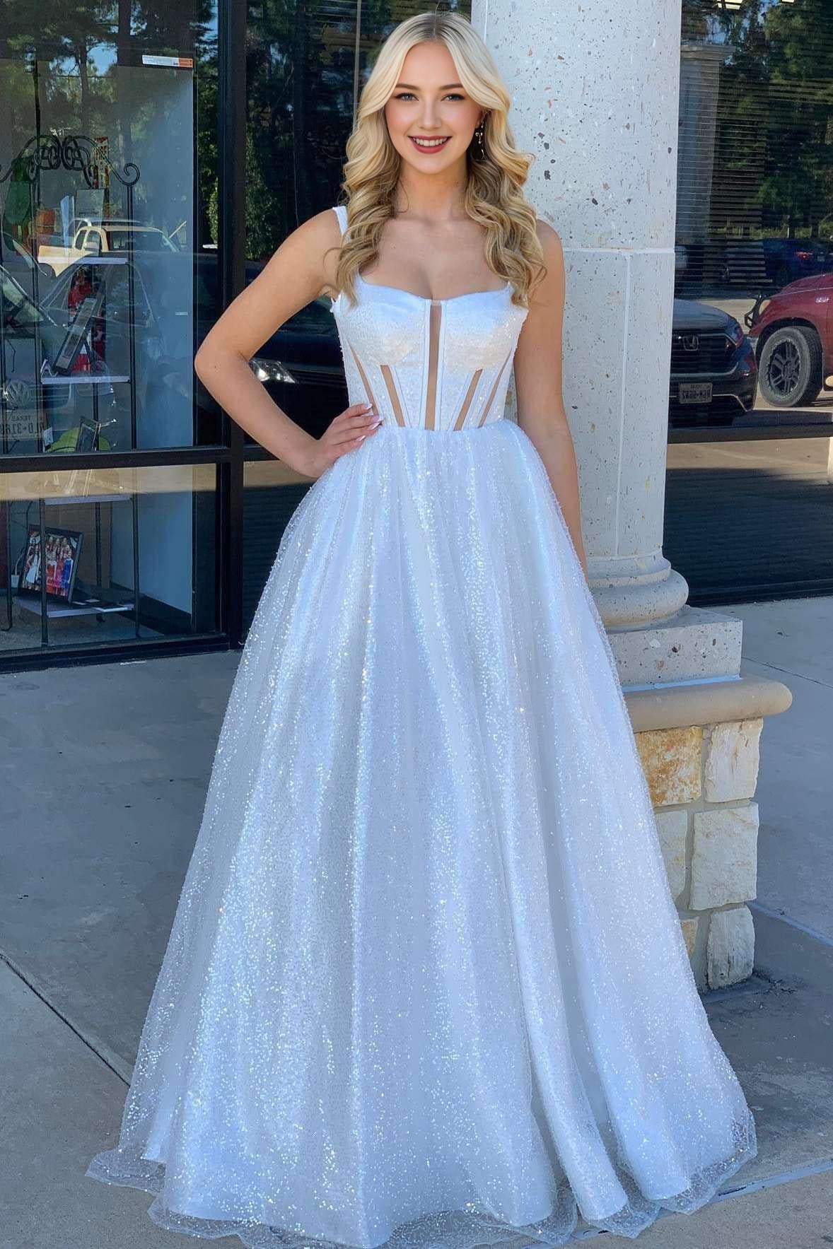 A-Line  Sleek Glitter Sparking Square Neck White Sequin Prom Dress