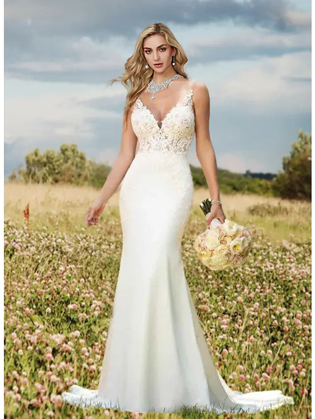 Wedding Dresses V Neck Lace Charmeuse Regular Straps Sexy Backless with Draping Appliques