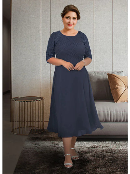 A-Line Mother of the Bride Dress Plus Size Elegant Jewel Neck Tea Length Chiffon Lace Half Sleeve with Pleats Appliques Ruching