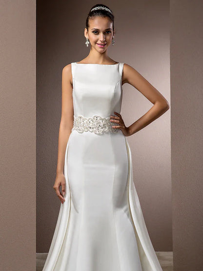 Wedding Dresses Bateau Neck Cathedral Train Satin Regular Straps Vintage Inspired with Beading