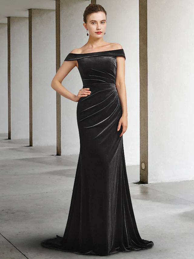 Mother of the Bride Dress Elegant Off Shoulder Velvet Sleeveless with Draping