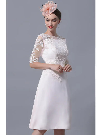 Mother of the Bride Dress Plus Size Elegant Jewel Neck Knee Length Polyester Short Sleeve with Lace