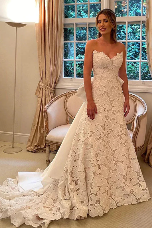 Floral Lace Strapless A Line Boho Ivory Wedding Dress with Satin Bowtie