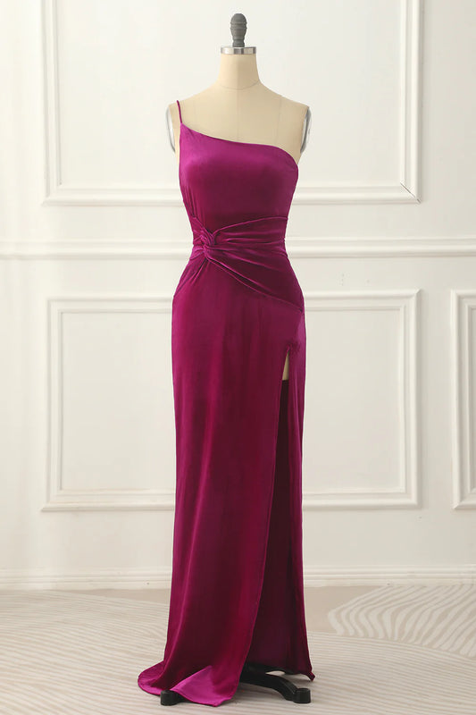 Velvet Spaghetti Strap One Shoulder Twist-Front Prom Dress with Slit