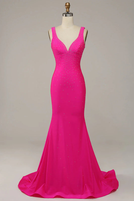 Fuchsia Mermaid V-Neck Slim-fit Lace-Up Back Sleeveless Beaded Prom Dress