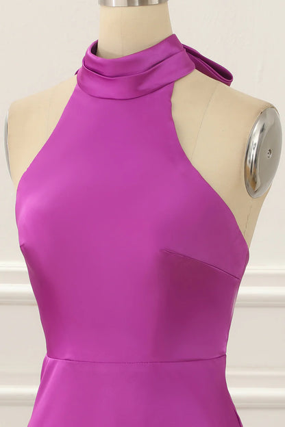 Fuchsia Round Neck Satin Halter Sleeveless Backless Short Simple Prom Dress