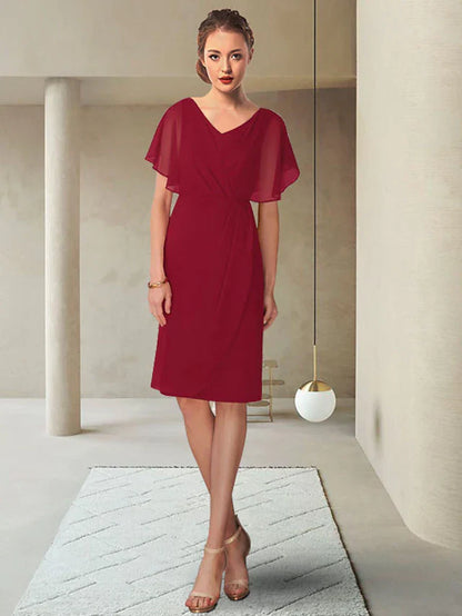 Mother of the Bride Dress Elegant V Neck Knee Length Chiffon Short Sleeve with Ruching