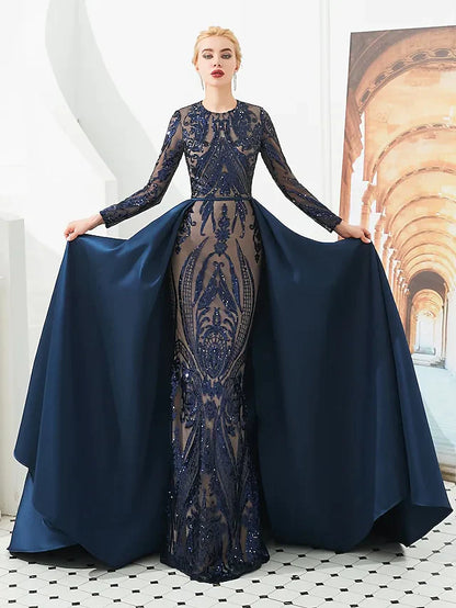 Ball Gown Luxurious Sparkle Prom Formal Evening Dress Jewel Neck Long Sleeve Detachable Sequined with Overskirt Pattern Print Appliques