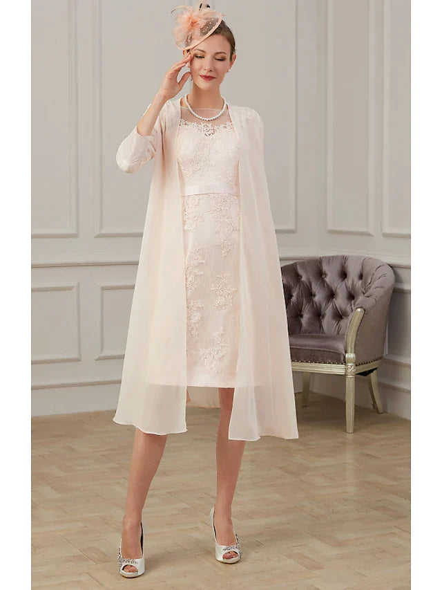 Mother of the Bride Dress Elegant Jewel Neck Knee Length Chiffon Long Sleeve with Appliques Ruching