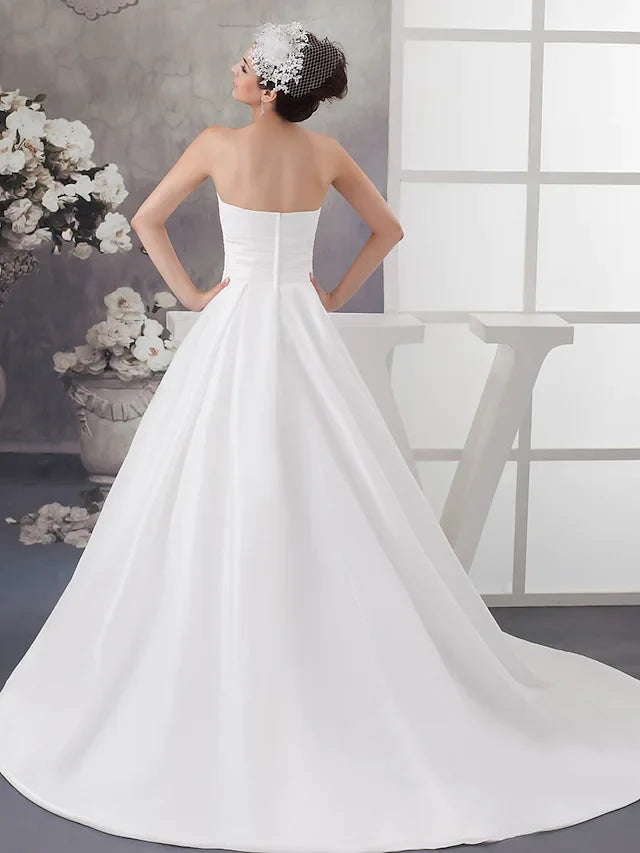 A-Line Wedding Dresses Strapless Chapel Train Satin Strapless with Ruched Beading Draping