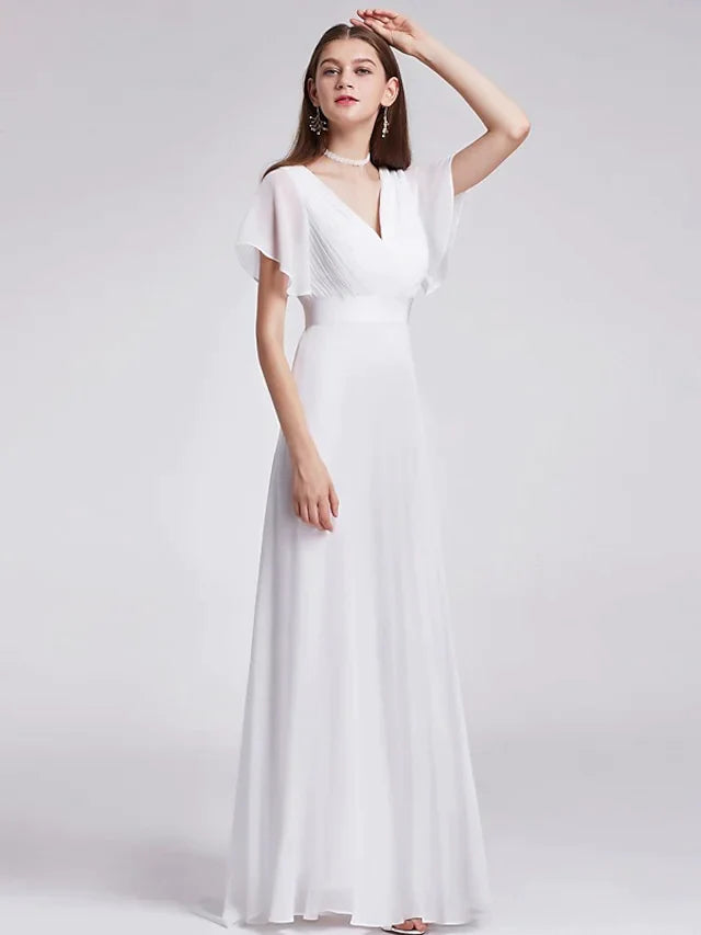 A-Line Wedding Dresses V Neck Floor Length Chiffon Short Sleeve Simple Little White Dress with Draping