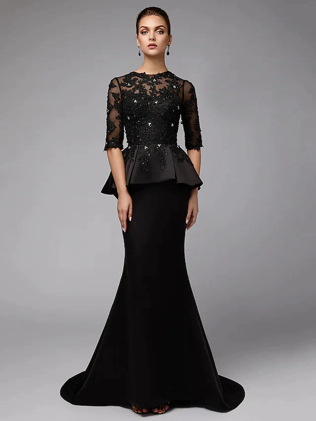 Mother of the Bride Dress Sexy See Through Jewel Neck Lace Satin Half Sleeve with Beading Appliques