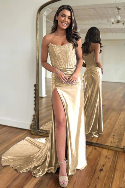 Sexy Gold Strapless Off-the-Shoulder Split Fork Mopping The Floor Long Prom Dress With Split
