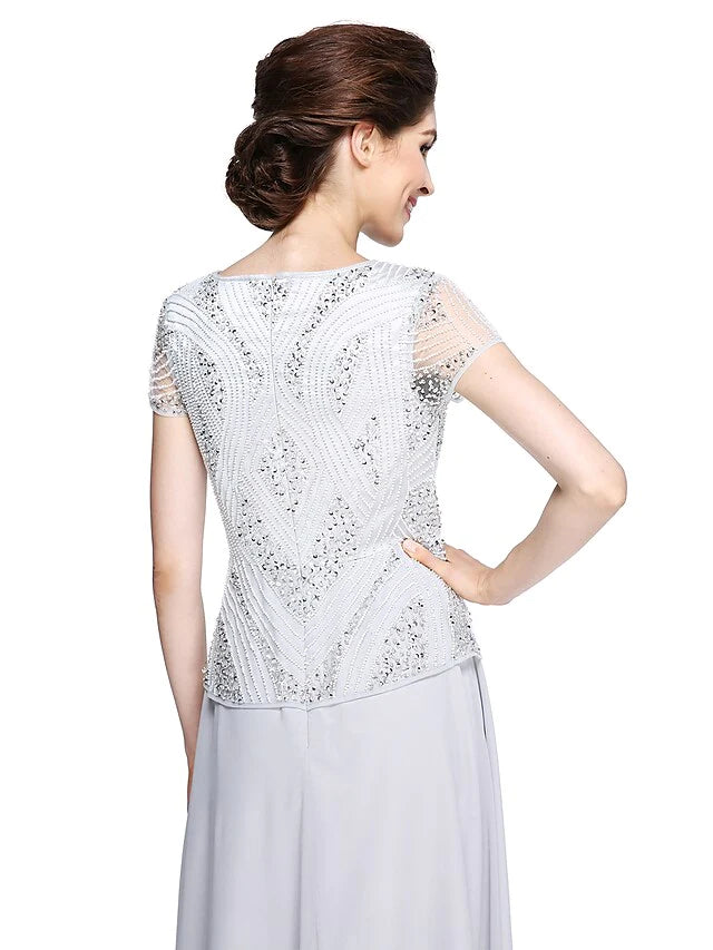 Mother of the Bride Dress Jewel Neck Floor Length Chiffon Short Sleeve with Beading Sequin