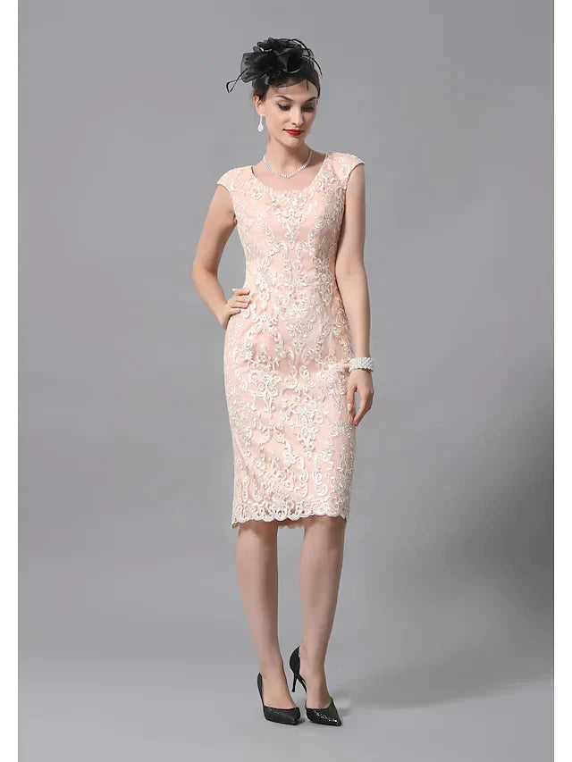 Two Piece A-Line Mother of the Bride Dress Wrap Included Jewel Neck Knee Length Lace Half Sleeve with Appliques