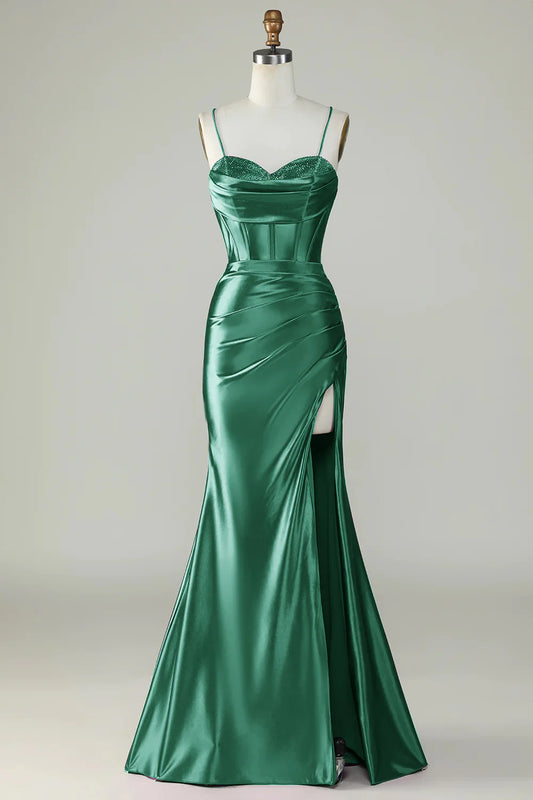 Dark Green Spaghetti Straps Mermaid Satin Sequins Long Prom Dress With Slit