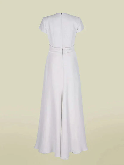 A-Line Mother of the Bride Dress Elegant V Neck Floor Length Charmeuse Short Sleeve with Pleats