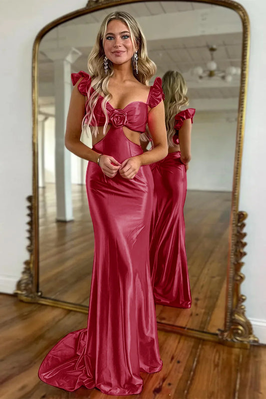 Burgundy Mermaid Sweetheart 3D Three-Dimensional Flower Hollow Out Prom Dress