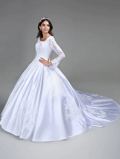 Ball Gown Wedding Dresses Scoop Neck Satin Long Sleeve Simple Vintage See-Through with Beading Appliques