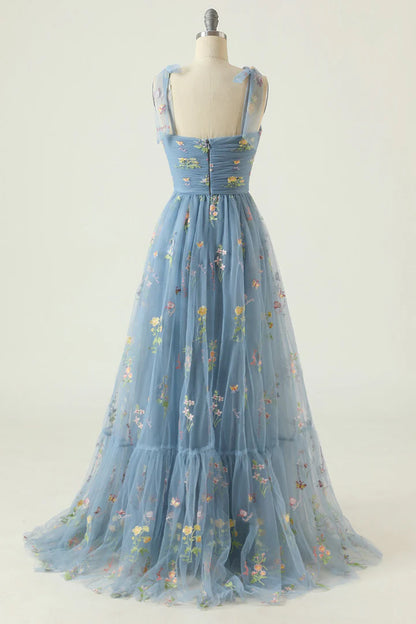 Floral Embroidery Tying Straps Pleated Long Party Dress
