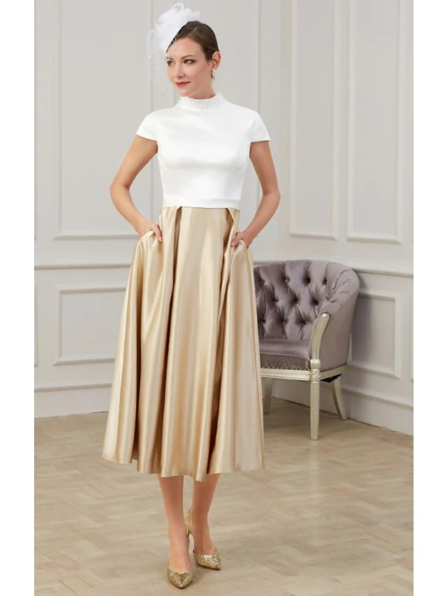 A-Line Mother of the Bride Dress Elegant High Neck Tea Length Polyester Short Sleeve with Pleats Ruching