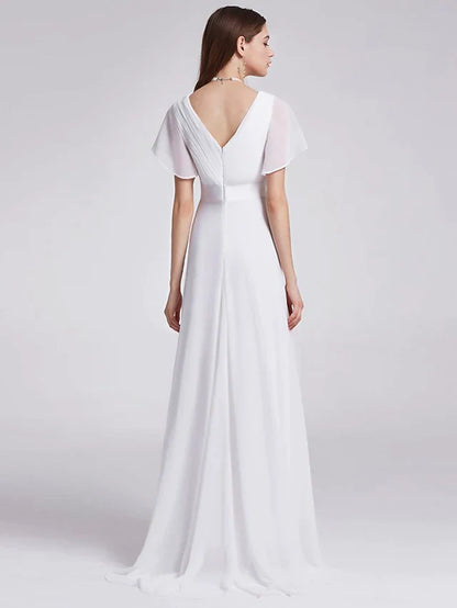 A-Line Wedding Dresses V Neck Floor Length Chiffon Short Sleeve Simple Little White Dress with Draping