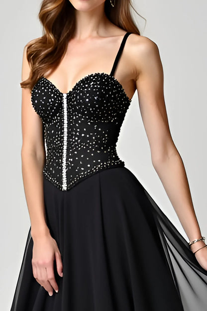 Glamorous Black Chiffon Spaghetti Strap Beaded Bodice Open-Back Train Evening Dress