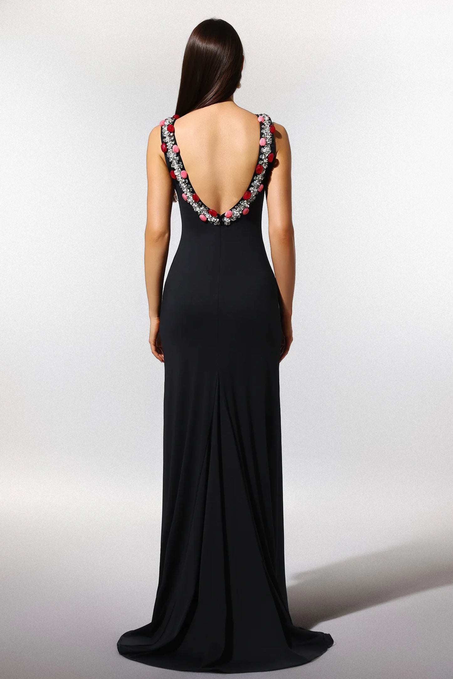 Glamorous Black Halter with Crystal and Floral Embellished Neckline, Open Back and Train Mermaid Evening Dress