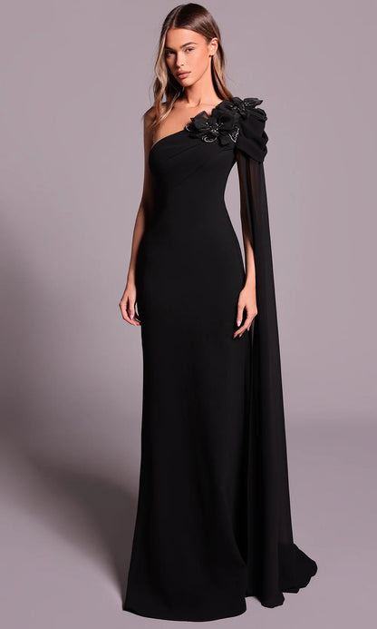 Glamorous Black One-Shoulder Embellished Capelet Fitted Mermaid Train Evening Dress
