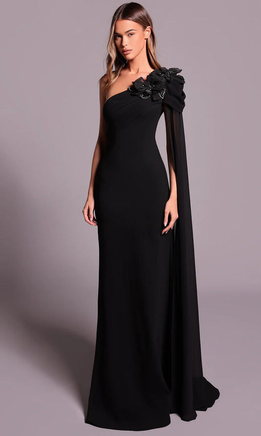 Glamorous Black One-Shoulder Embellished Capelet Fitted Mermaid Train Evening Dress