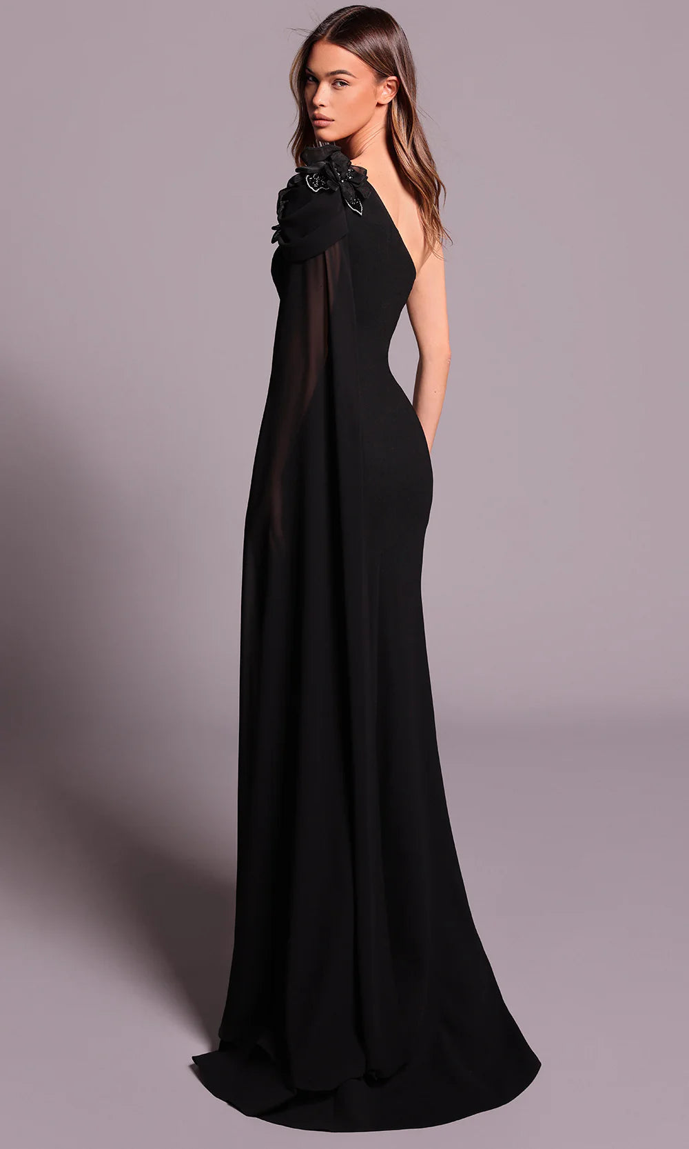 Glamorous Black One-Shoulder Embellished Capelet Fitted Mermaid Train Evening Dress
