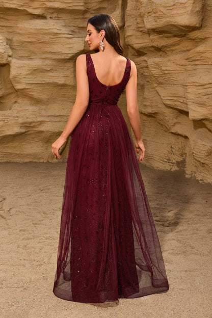 Glamorous Burgundy Sequin Mermaid Gown with Detachable Tulle Train: Evening Dresses