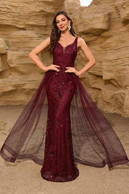 Glamorous Burgundy Sequin Mermaid Gown with Detachable Tulle Train: Evening Dresses