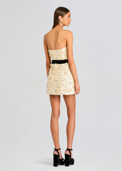 Glamorous Champagne Sequin Strapless Sweetheart Neck Black Velvet Bow Mini Evening Dress