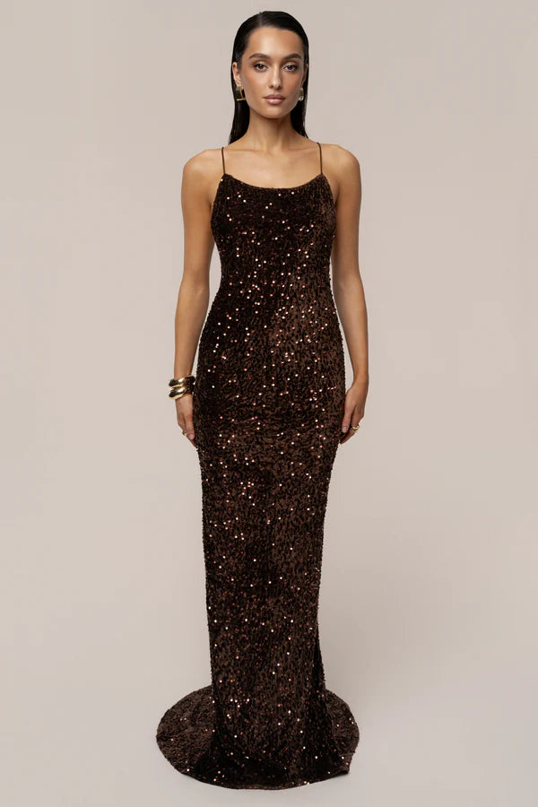 Glamorous Chocolate Brown Sequin Spaghetti Strap Mermaid Gown, Evening Dresses