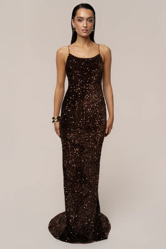 Glamorous Chocolate Brown Sequin Spaghetti Strap Mermaid Gown, Evening Dresses