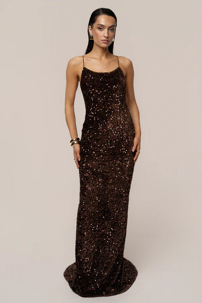 Glamorous Chocolate Brown Sequin Spaghetti Strap Mermaid Gown, Evening Dresses