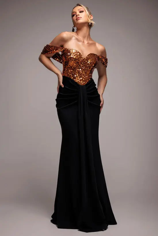 Glamorous Copper Sequin Off-Shoulder Mermaid Gown with Black Velvet Skirt, Evening Dresses