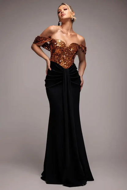Glamorous Copper Sequin Off-Shoulder Mermaid Gown with Black Velvet Skirt, Evening Dresses