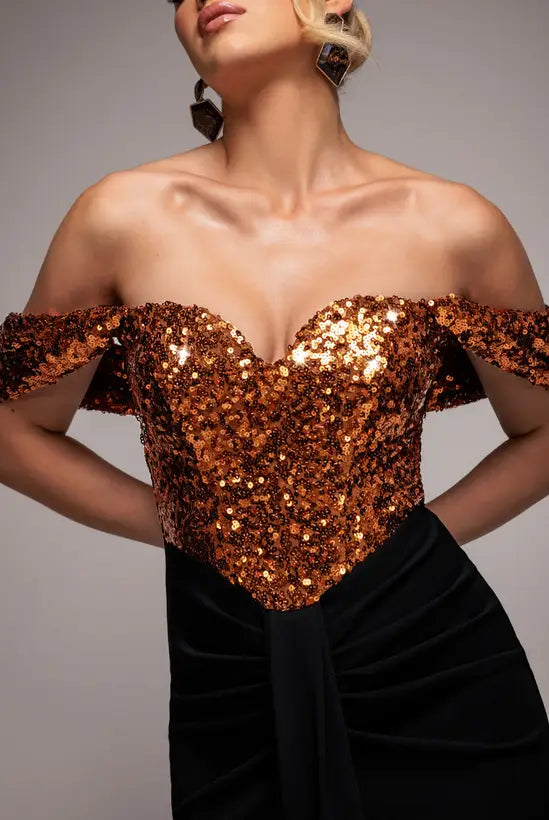 Glamorous Copper Sequin Off-Shoulder Mermaid Gown with Black Velvet Skirt, Evening Dresses