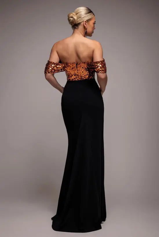 Glamorous Copper Sequin Off-Shoulder Mermaid Gown with Black Velvet Skirt, Evening Dresses