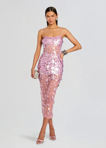 Glamorous Dusty Pink Square Sequin Spaghetti Strap Sheer Mesh Midi Evening Dress